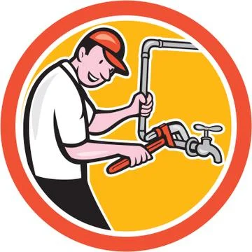 Plumber monkey wrench pipe circle cartoon Stock Illustration