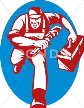 Plumber with monkey wrench toolbox running Stock Illustration