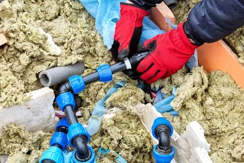 Plumber moving compression ring of compression fitting for HDPE pipes along.. Fotos Stock