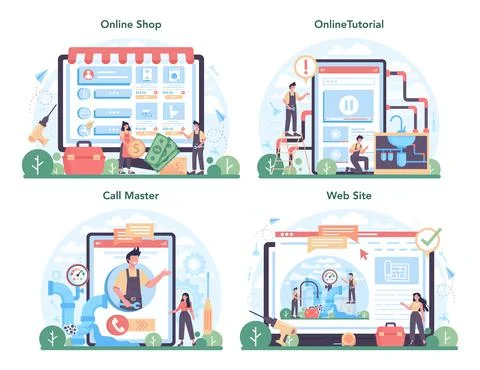 Plumber online service or platform set. Plumbing service, professional repair Stock Illustration