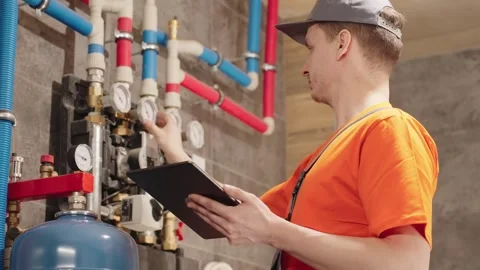 Plumber Or HVAC Technician Preparing Digital Service Report On Tablet Stock Footage 346221887
