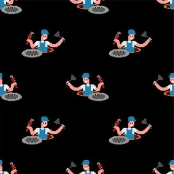 Plumber pixel art pattern seamless. Working in Sewer 8 bit background. vector Stock Illustration
