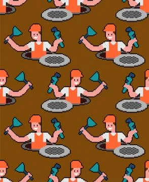 Plumber pixel art pattern seamless. Working in Sewer 8 bit background. vector 스톡 일러스트