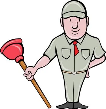 Plumber with plunger standing Illustrazione stock