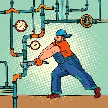 Plumber repairs pipes 库存插图