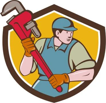 Plumber Running Monkey Wrench Crest Cartoon Stock Illustration