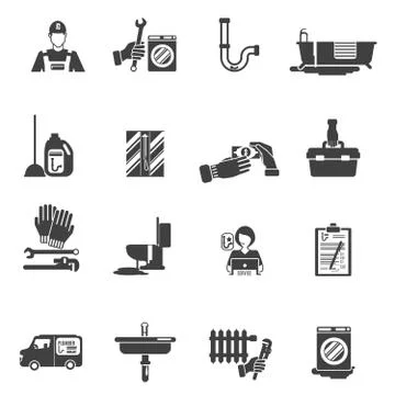 Plumber service black icons collection Stock Illustration
