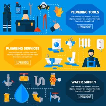 Plumber Service Flat Banners Set Stock Illustration