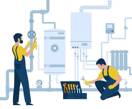 Plumber service, heating company technicians using tools, Stockillustratie
