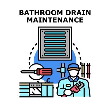 Plumber servicing bathroom drain and inspecting pipes Stock Illustration