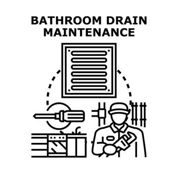 Plumber servicing bathroom drain and inspecting pipes Stock Illustration