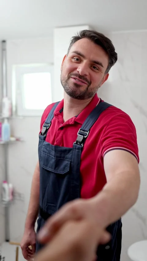 Plumber shaking hands in bathroom Stock Footage 316483818