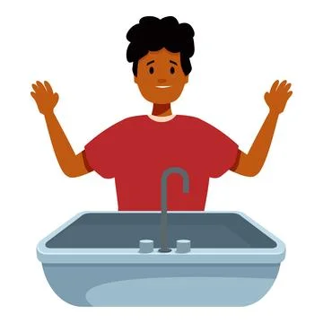 Plumber showing clean empty sink with hands up after work is done Stock Illustration
