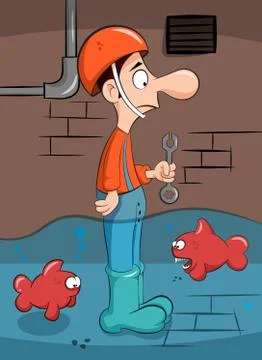 Plumber solves the problem with fish Illustrazione stock