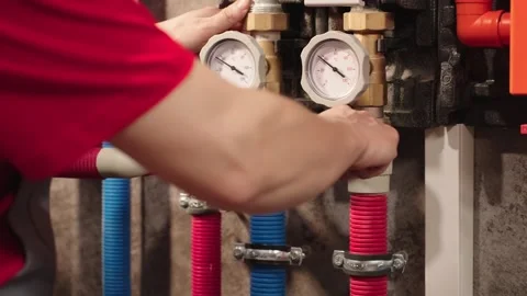 Plumber Tightening Pipe Connection On Heating System Stock Footage 330858608