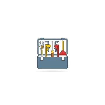 Plumber tool box with wrench and plunger white background graphic icon Stock Illustration