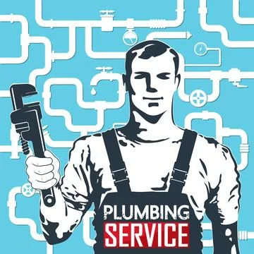 Plumber with a tool in his hand on the background of water pipes Stock Illustration