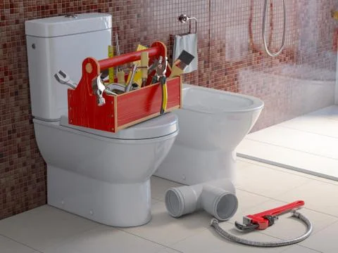 Plumber tools and pvc plastic tubes  on the bowl in bathroom. Plumbing repair Stock-Illustration
