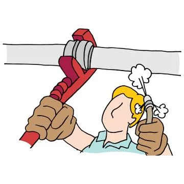 Plumber using wrench and high pressure hose on pipe Illustrazione stock