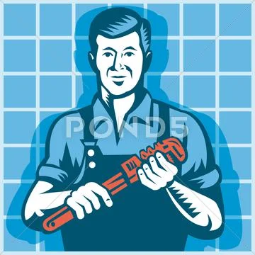 Plumber worker with monkey wrench retro Stock Illustration