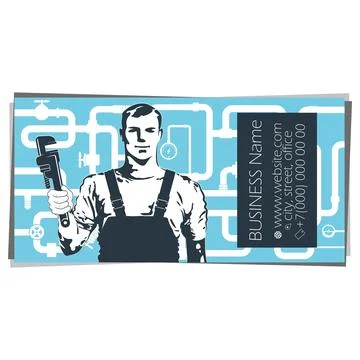 Plumber worker with a tool on the background of water pipes. Business card .. Stock Illustration