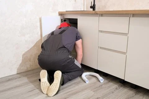 Plumber working on kitchen sink pipe installation Stock Photos