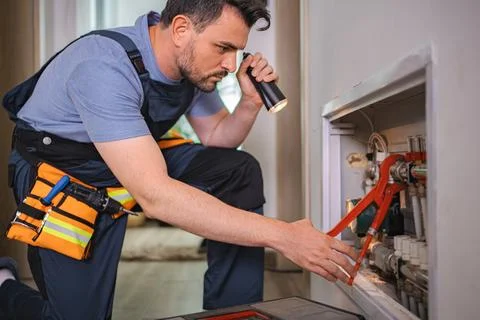 Plumber working on pipes, using flashlight and wrench Stock Photos