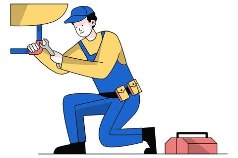 Plumber Working with Tools and Pipes Illustration