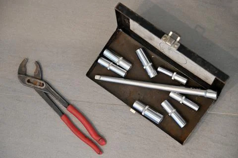 Plumber working tools for fixing and repairing a water leaking Stock Photos