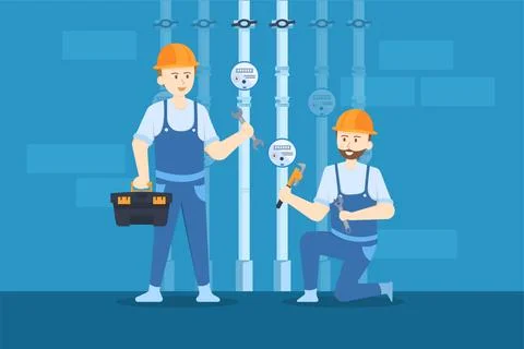 Plumbers are checking and fixing the pressure valves of the pipes. Stock Illustration