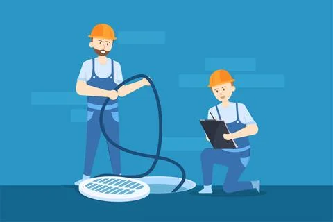Plumbers are checking and soaking up the water in the conduit. Stock Illustration
