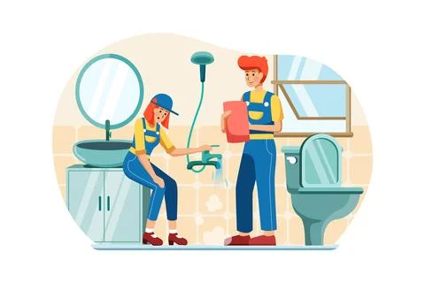 Plumbers are checking and soaking up the water in the conduit. Stock Illustration