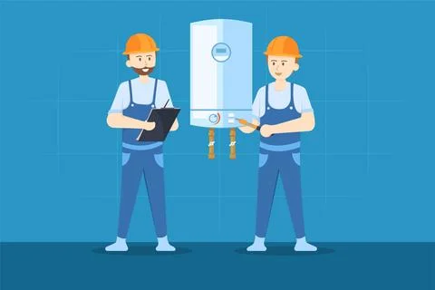 Plumbers are checking if the water heater is still working well. Stock Illustration