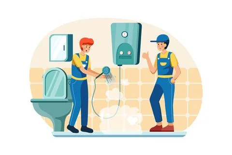 Plumbers are checking if the water heater is still working well. Stock Illustration