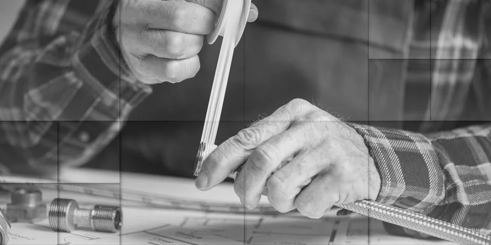 Plumber's hands using seal tape, geometric pattern Stock Photos