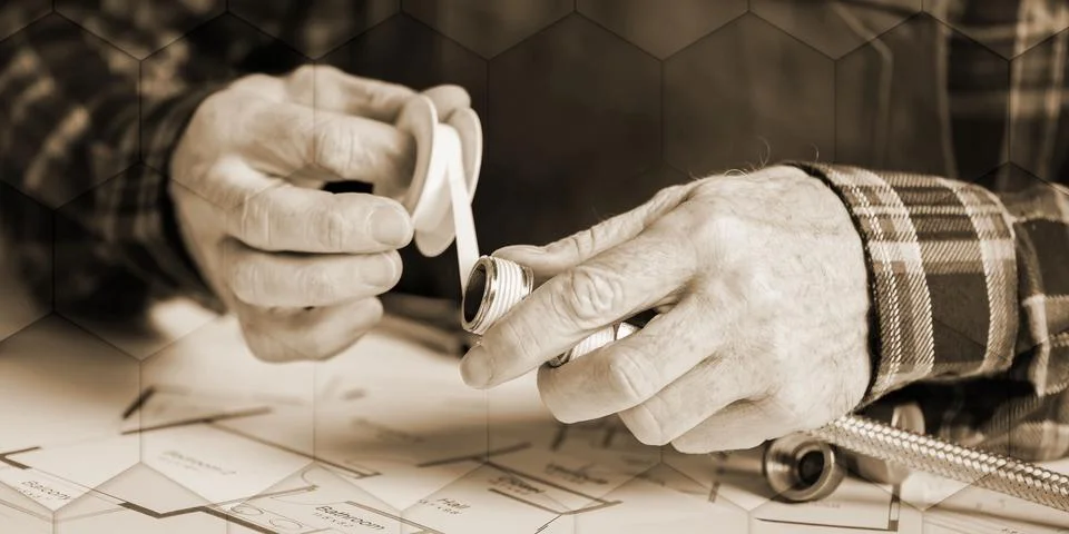Plumber's hands using seal tape, geometric pattern Stock Photos