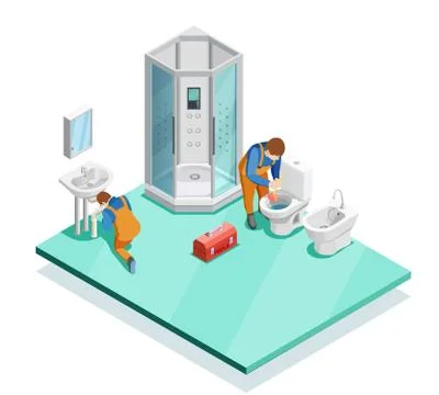 Plumbers In Modern Bathroom Isometric Image Stock Illustration