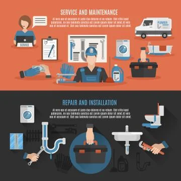 Plumbing 2 horizontal banners composition poster Stock Illustration