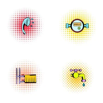 Plumbing and bathroom objects pop art style icons Stock Illustration