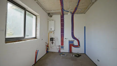 Plumbing and Heating System Undergoing Installation in Utility Room Stock Footage 340610969