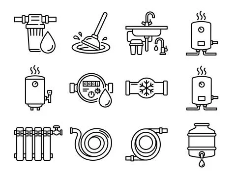 Plumbing and water supply icons: filter, plunger, sink, water heater, meter.. 库存插图