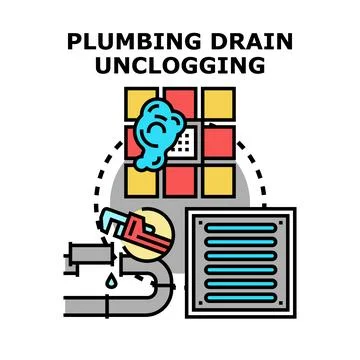 Plumbing drain unclogging process and repair service Stock Illustration