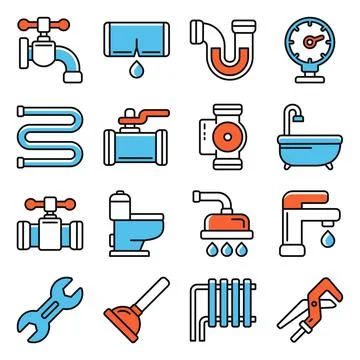 Plumbing Icons Set on White Background. Vector Illustration