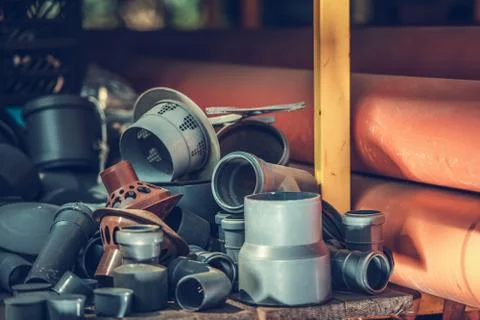Plumbing Plastic Pipes Elements Closeup. Residential and Commercial Building  스톡 사진