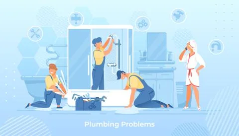 Plumbing Problems, Plumbers Fixing Shower in Bath Stock Illustration