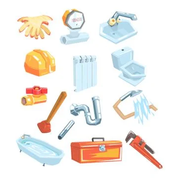 Plumbing Related Instruments And Objects Set Stock Illustration