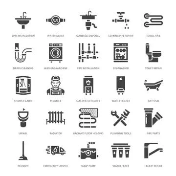 Plumbing service vector flat glyph icons. House bathroom equipment, faucet Stock Illustration