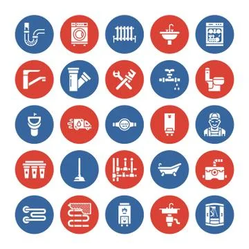 Plumbing service vector flat glyph icons. House bathroom equipment, faucet Stock Illustration