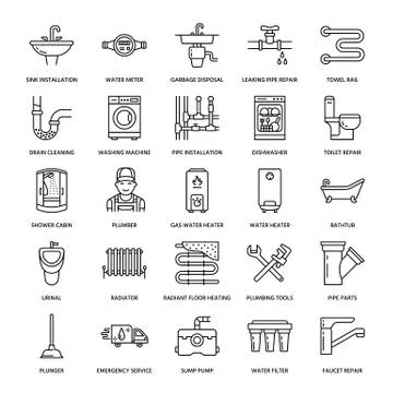 Plumbing service vector flat line icons. House bathroom equipment, faucet Illustrazione stock