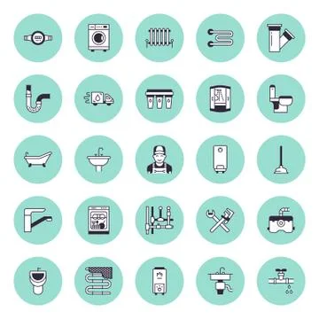 Plumbing service vector flat line icons. House bathroom equipment, faucet Stock-Illustration